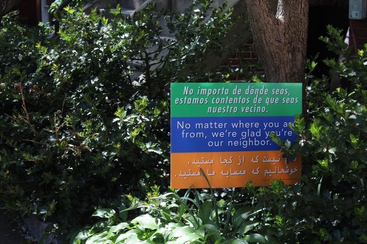 cambridge pro-immigration sign ('no matter where you are from, we're glab you are our neighbor' in spanish, english, and arabic)